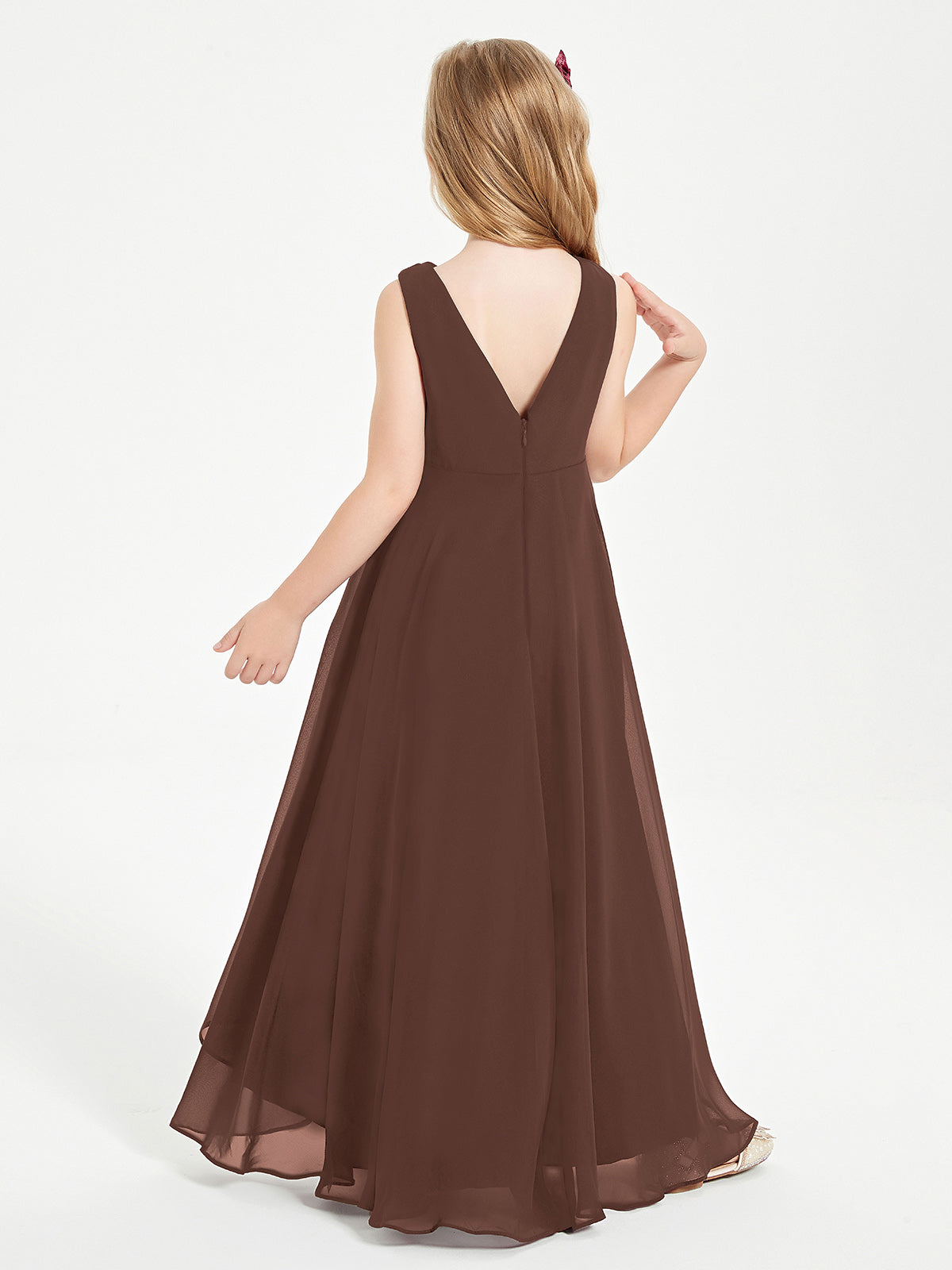 Modern Asymmetrical Cowl Neck Junior Bridesmaid Dresses Chocolate